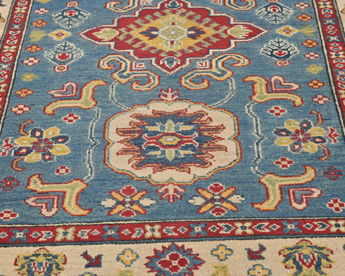 4x6 Blue Kuba Afghan Hand Knotted Wool Area Rug
